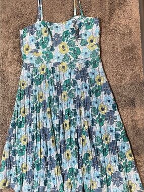 Floral Pleated Casual Sundress Blue, Green & Yellow Zipper Size 16